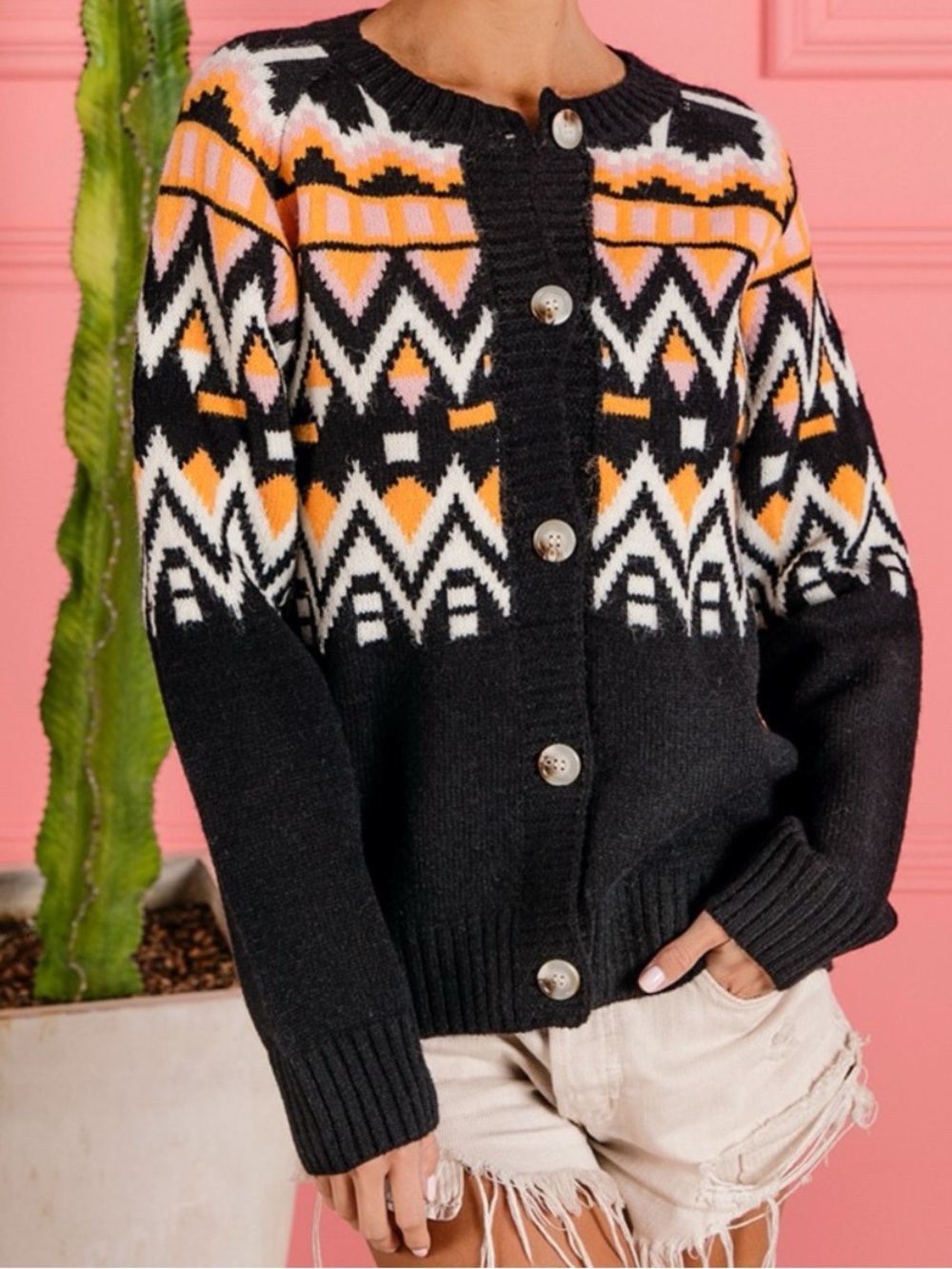 🧡 BiBi Ethnic Pattern Button Up Knit Cardigan- Black/Orange